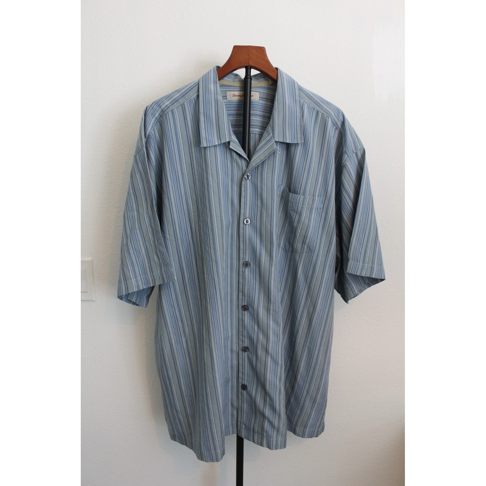 Tommy Bahama Mens XXL Blue Striped 100% Silk Short Sleeve Camp Shirt Button Down
